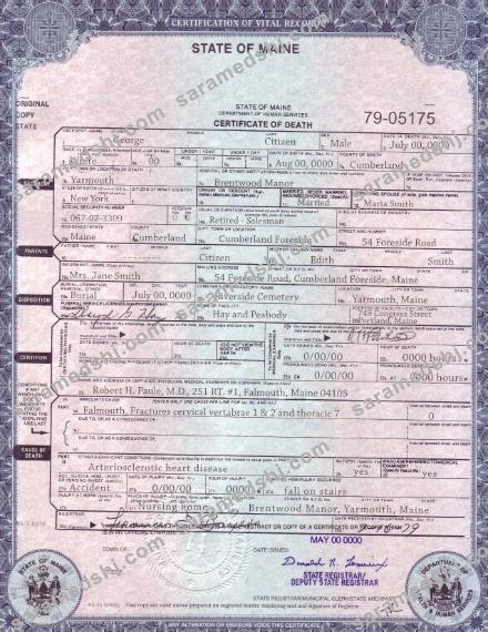 USA Maine state death certificate template in PSD format